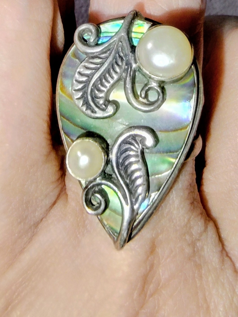Meran Indonesia Sterling Abalone Teardrop Ring, Pearls & Silver Filigree, Size 7